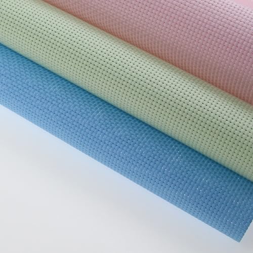 Image of KCS 3 pc of 15 inch x 18 inch(38cmx45cm) Counted Cross Stitch Cotton Aida Cloth Needlework Rolled Fabric Box,11CT,Light Blue+Pink+Light Green