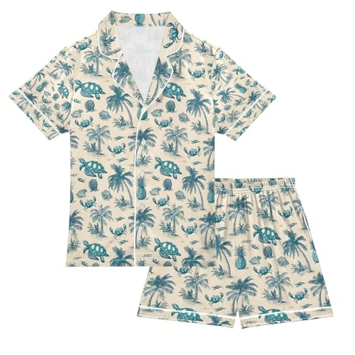 senya Palm Sellfish Crab Pineapple Satin Summer Pajama Sets Silk Short Sleeve Button Down Sleepwear