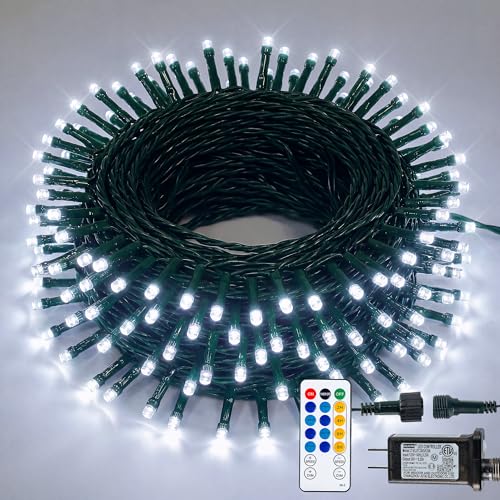 Hopolon White Christmas Lights Outdoor, 33 FT 100 LED Connectable Christmas Tree Lights Green Wire with Remote, 8 Modes Waterproof Plug in Twinkle String Light for Indoor Wedding Party Xmas Decor