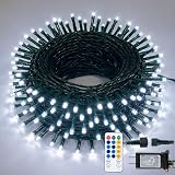 Hopolon White Christmas Lights Outdoor, 33 FT 100 LED Connectable Christmas Tree Lights Green Wire with Remote, 8 Modes Waterproof Plug in Twinkle String Light for Indoor Wedding Party Xmas Decor