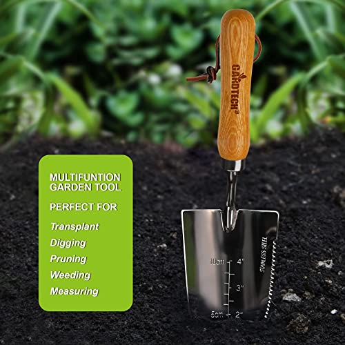 Gardtech Multifunctional Garden Serrated Large Trowel, Portable Marker Stainless Steel Wood Hand Shovel, Depth Composite Soils Scoop for Digging Planting Cutting Weeding