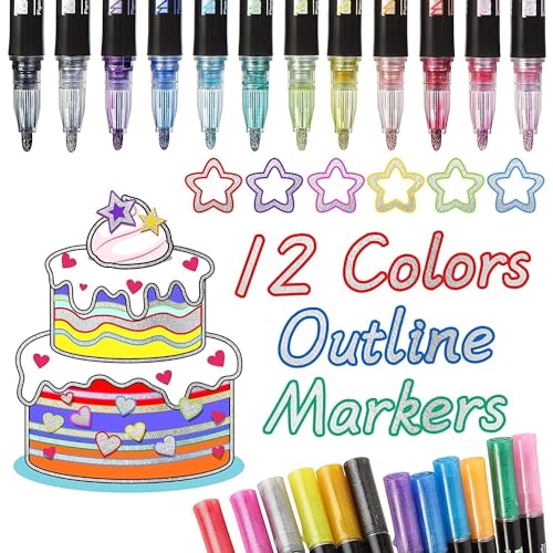 Image of FAMOUS QUALITY 12 Pc Metallic Double Line Outline Markers Glitter Pen Set for Rock Painting, Glass, Mug, Wood, Fabric, Canvas, DIY Craft with Fine Medium Tip Perfect Creative Gift Idea