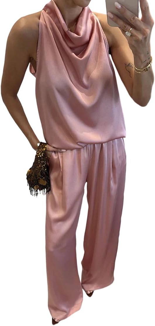 2 Piece Satin Sets for Women Summer Dressy Casual Sleeveless Halter Cowl Neck Tank Tops and High Waist Wide Leg Pants