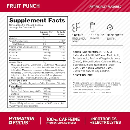 Image of Optimum Nutrition Amino Energy Powder Plus Focus, with BCAA, Electrolytes, and Caffeine, Fruit Punch, 30 Servings (Packaging May Vary)