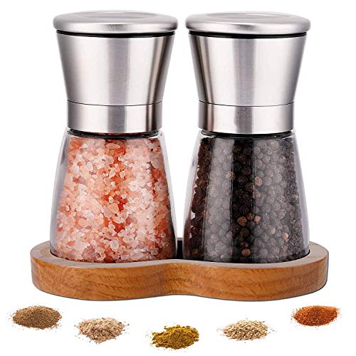 Comparison: Best Salt And Pepper Mill Set 7 LessMo Salt and Pepper Grinder Set with Wooden Standing Tray, Refillable Pepper Mill Set - Brushed Stainless Steel - Short Glass Shakers with Adjustable Coarseness for Peppercorn, Salt or Spice Mills