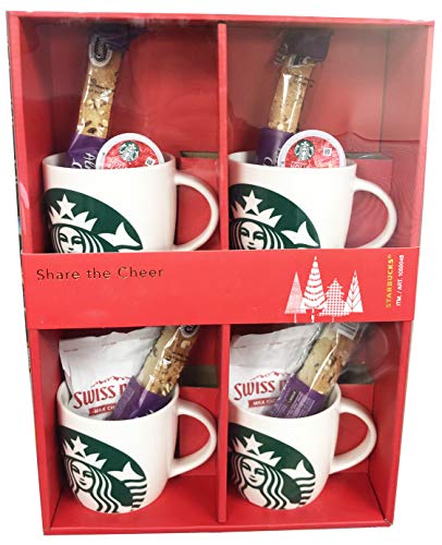 Starbucks Share the Cheer 4 14 Ounce Mugs Holiday Cheer Set with Biscotti K-Cups and Swiss Miss Hot Cocoa