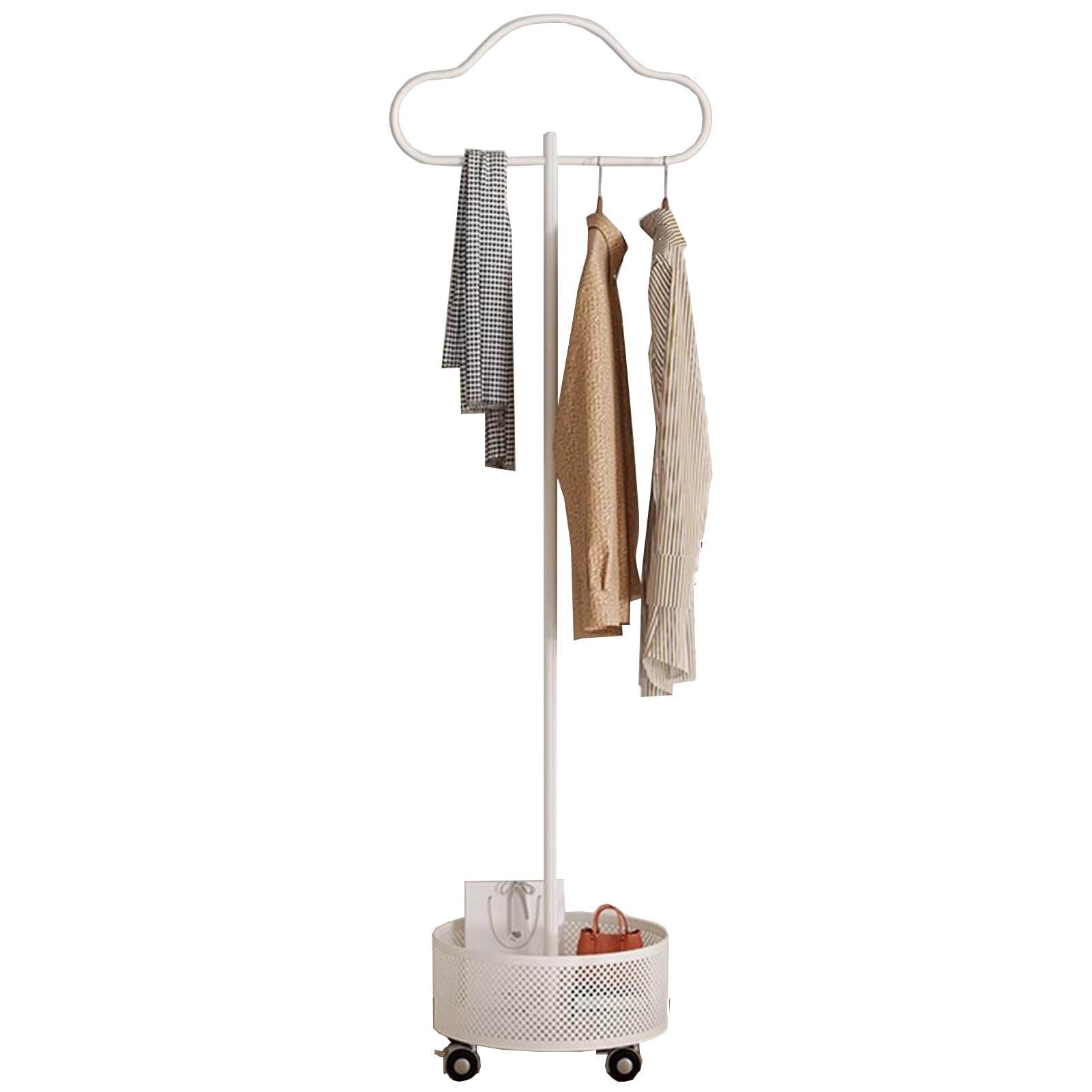 SXYKXYDL Heavy Duty Garment Rack with Wheels, Modern Freestanding Metal Clothing Rack with Storage Basket, Entryway Coat Hanger Stand for Jackets, Hats, and Dresses