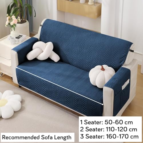 Image of HOKIPO Polyester 2 Seater Quilted Sofa Cover with Pockets, Navy Blue (NEW1-802-NYBL)