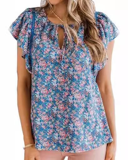 Women's Floral Ruffle Sleeve Blouse Fashion Summer Shirt Top(Blue,Large)