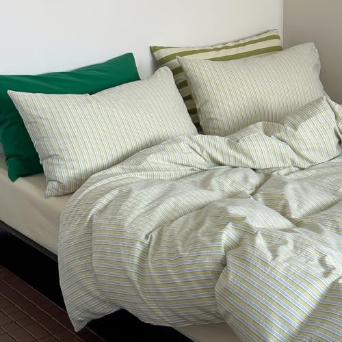 Image of mixinni Vintage Geometric Striped Duvet Cover Set - 3 Piece 100% Washed Cotton Twin XL Size Bedding Set with Matching Pillowcases | Mid-Century Modern Design | Ultra Soft & Breathable-Twin XL Size