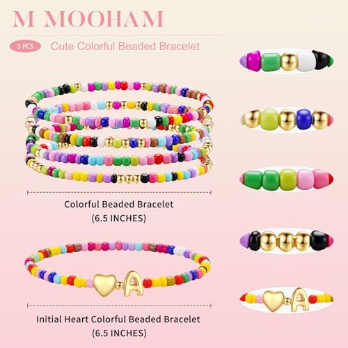 M MOOHAM 5PCS Colorful Beaded Initial Bracelets for Girls Women - Cute Stretch Heart Letter Beaded Bracelet Bohemian Initial Stackable Bracelet Birthday Gift Jewelry for Kids Teen Girl 5