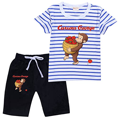 おさるのジョージ 服 子供 キッズ 半袖 2点セット 綿 グッズ 上下セット ストライプトップス ズボン 夏 男の子 女の子 100 110 120 130 140 150 160 170通気 吸汗 快適 おしゃれ 誕生日 プレゼント (ブルー01,num