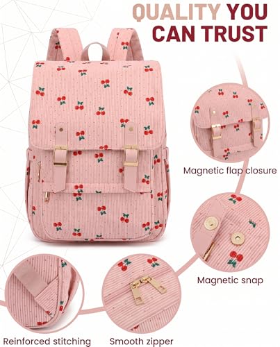Image of Corduroy Laptop Backpack for Women, Fits 15.6 Inch Computer Bag, College Bookbag Travel Daypack Purse, Work Business Bags - Corduroy Cherry Pink