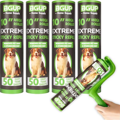 BGUP 10 Inch Lint Roller Refills 4 Rolls 200 Sheets Large Lint Rollers for Pet Hair Extra Sticky Easily Remove Carpets Clothes Couch and Curtains Dust (Not Include Lint Roller Handle)