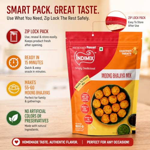 Image of INDIMIX Instant Moong Bhajiya Mix 500g | Ready-to-Cook Crispy Moong Pakoras, Homemade Authentic Flavor in 3 Easy Steps, No Artificial Colors or Preservatives, Pansari