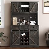 4 EVER WINNER 72" Coffee Bar Cabinet with Sliding Barn Door & Wine Racks, Hutch Cabinet with Storage and 3 Drawers, Farmhouse Coffee Bar with Wine Glass Holder for Dining Room Kitchen, Rustic Oak