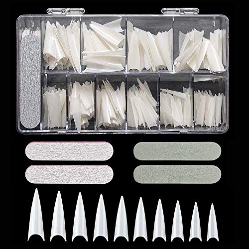 Buqikma 500PCS Long Stiletto Fake Nail Tips Claw Sharp Full Cover Acrylic Tips Natural False Nails 4PCS Nail File Kit With Box Artificial False Nails for DIY Nail Art Design (Natural)