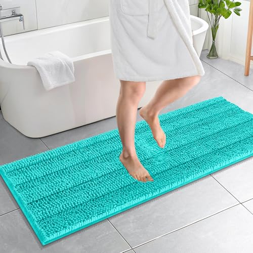 Image of OLANLY Thick Bathroom Runner Rugs 59x20, Absorbent Chenille Striped Bath Rugs, Rubber Backing, Machine Wash Dry, Extra Long Bath Mats for Bathroom Floor, Tub and Shower, Home Decor Accessories, Teal