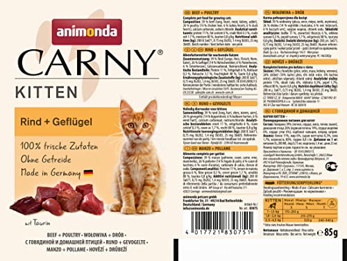 animonda Carny Kitten Katzenfutter Premium Pouch nass Pouch Rind + Geflügel (12 x 85g), getreidefreies Katzen Nassfutter ohne Zucker, mit frischen fleischigen Zutaten