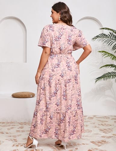 Image of ShopWonder Womens Plus Size V Neck Wrap Maxi Dress High Waist Ruffle Summer Casual Dress with Belt