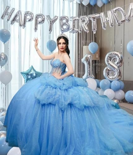 Puffy Tulle Quinceanera Dresses Strapless Ball Gowns Sweetheart Ruffle Sweet 16 Dresses Sparkly Evening Gown3