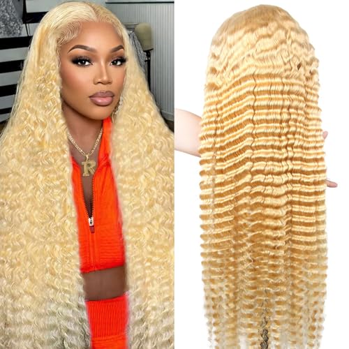 HUANGCAI 32 Inch 613 13x6 Lace Front Wig Human Hair - Blonde Deep Wave Wig Human Hair 200% Density HD Transparent Lace & Pre Plucked Small Knots (613 HD Lace Frontal Wigs)