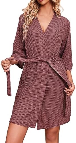 Ekouaer Robes for Women Waffle Knit Bathrobe Soft Lightweight Knee Length Loungewear
