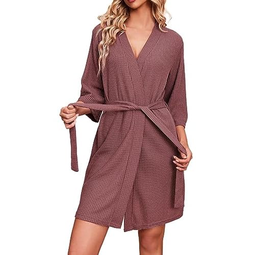 Ekouaer Robes for Women Waffle Knit Bathrobe Soft Lightweight Knee Length Loungewear S-XXL
