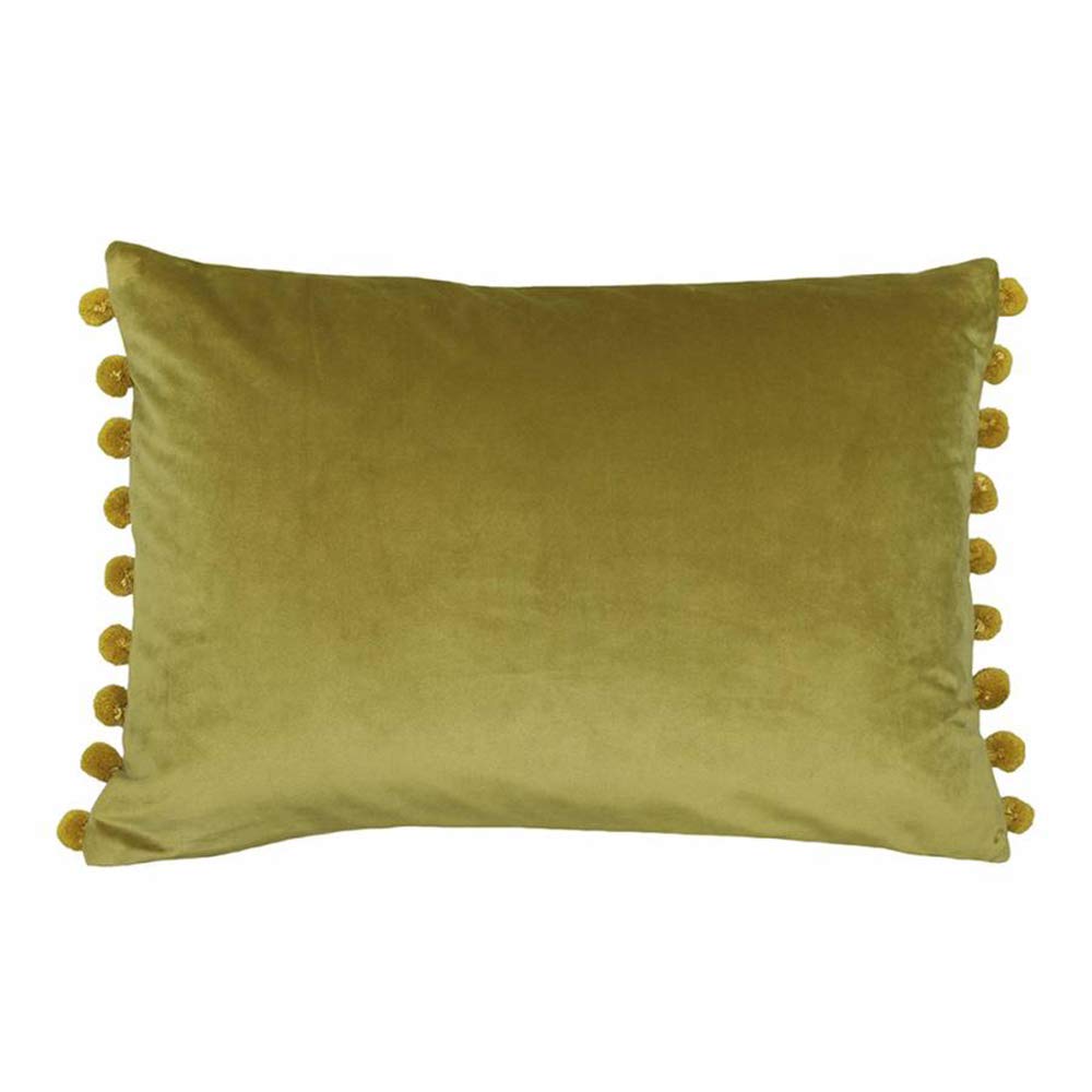 Riva Paoletti Fiesta Rectangular Cushion Cover - Bamboo Green - Gold Pompom Edges - Faux Velvet - Reversible - Zip Closure - 100% Polyester - 35 x 50cm ( 14" x 20" inches)