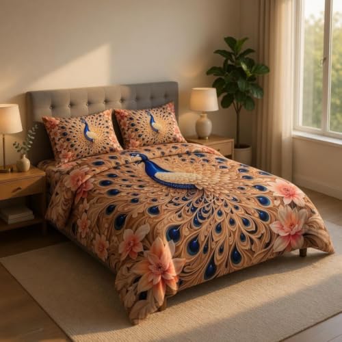 Image of 7D Printed King Size Bedsheet with 2 Pillowcases, Peacock, 228x228cm