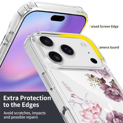 Image of Elzzi Transparent Flower Cover for iPhone 17 Pro Case Shockproof Floral Design Full Camera Protection Shockproof PC+TPU Covers for Girls & Women (Deep)