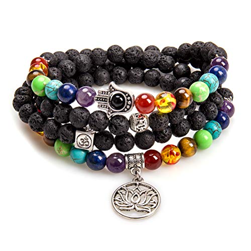 Evil Eye Bracelets Mala Beads Lava Beads Diffuser Necklace 108 Lava Stone Jewelry for Women Men Chakra Stones Bracelet Necklace(Lava Rock,Lotus Flower)