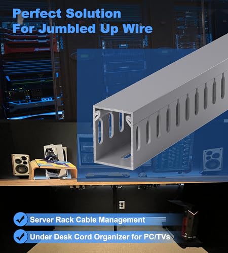 Image of 1.6 inchH x 1.2 inchW Cable Raceway, 99in Under Desk Wire Management Channel, Grey | Slotted Wire Duct, 6Pack, 16.5in Each, Heavy-Duty PVC Cable Management for Server Racks, Network Cables & Electrical Cabinets