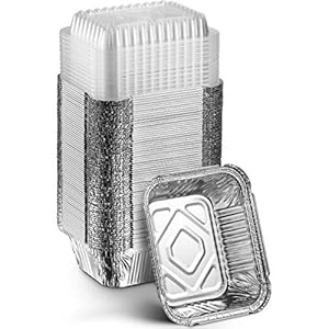 MontoPack Disposable Takeout Pans with Clear Lids | 1lb Capacity Aluminum Foil Food Containers with Strong Seal for Freshness & Spill Resistance | Eco-Friendly & Recyclable | 50-Pack of 5×4” Drip Pans