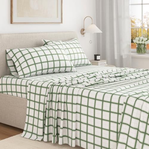 Image of Great Bay Home Flannel Sheets King Size - 100% Turkish Cotton, Double-Brushed, Plaid and Stripe Bed Sheet Set - Ultra-Soft, Cozy, 4-Piece Bedding Set (Block Plaid - Green /Grey)