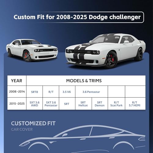 Image of Holhtly Car Cover Custom Fit for Dodge Challenger, Car Covers for Automobiles All Weather Waterproof Sun Snow Rain Wind Dust Protection, Outdoor Car Cover Black & Grey