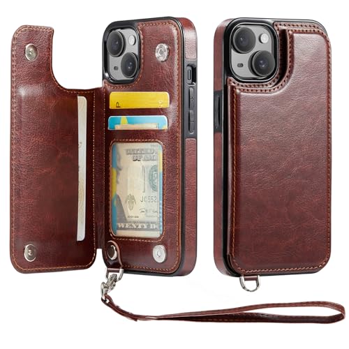 for iPhone 15 Wallet Case with Card Holder, Case for iPhone 15 with RFID Blocking, Kickstand Card Slots Case, Double Magnetic Clasp and Durable Shockproof Wrist Strap Cover (Brown)