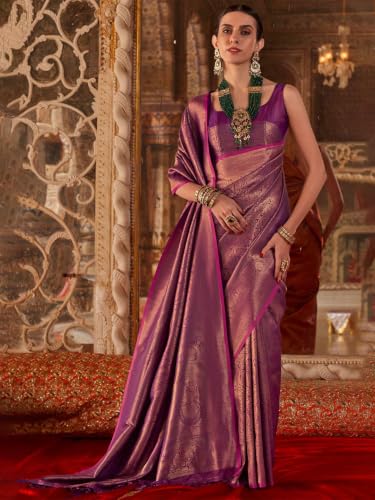 Image of SWORNOF Women's Silk Kanjivaram Kanchipuram Saree With Blouse Piece