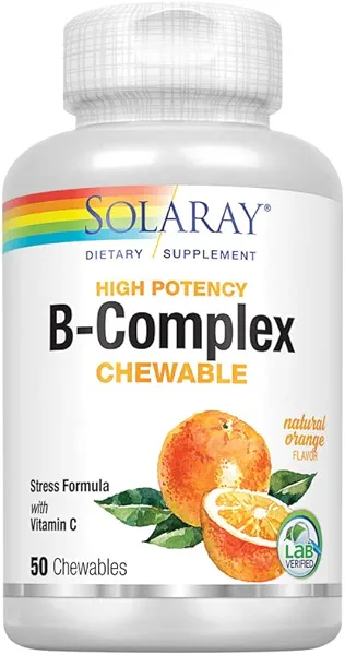 SOLARAY Vitamin B-Complex 250mg Natural Orange Flavor | Healthy Hair, Skin, Immune Function & Metabolism Support | Lab Verified | 50 Chewables