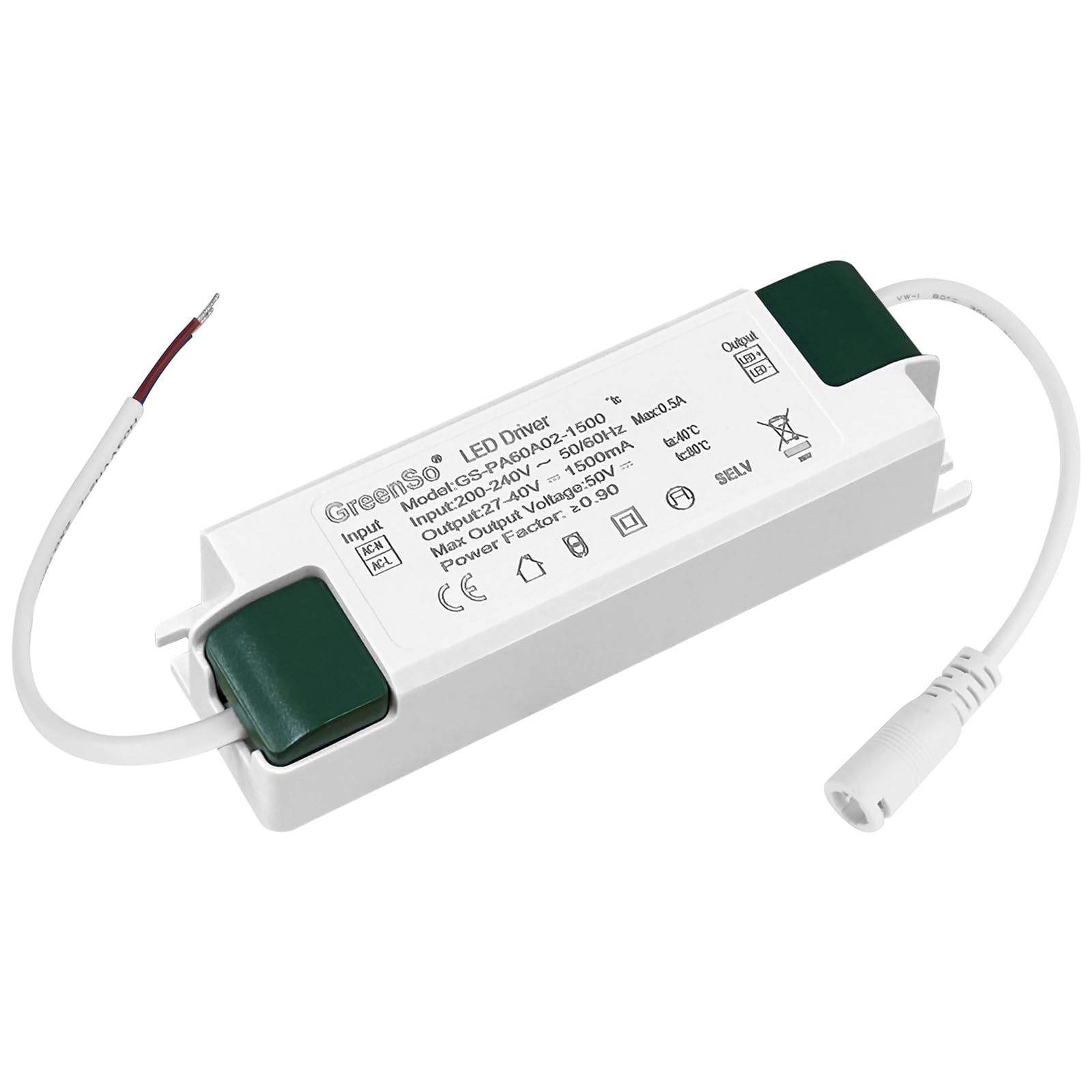 60W LED Transformateur Alimentation 27-40Vdc 1500mA Courant Constant Pilote, LED Driver pour Eclairage de Plafond, Plafonnier Panneau 60x60, 120x30, 120x60cm, GS-PA60A02-1500, TUV SAA CE CB