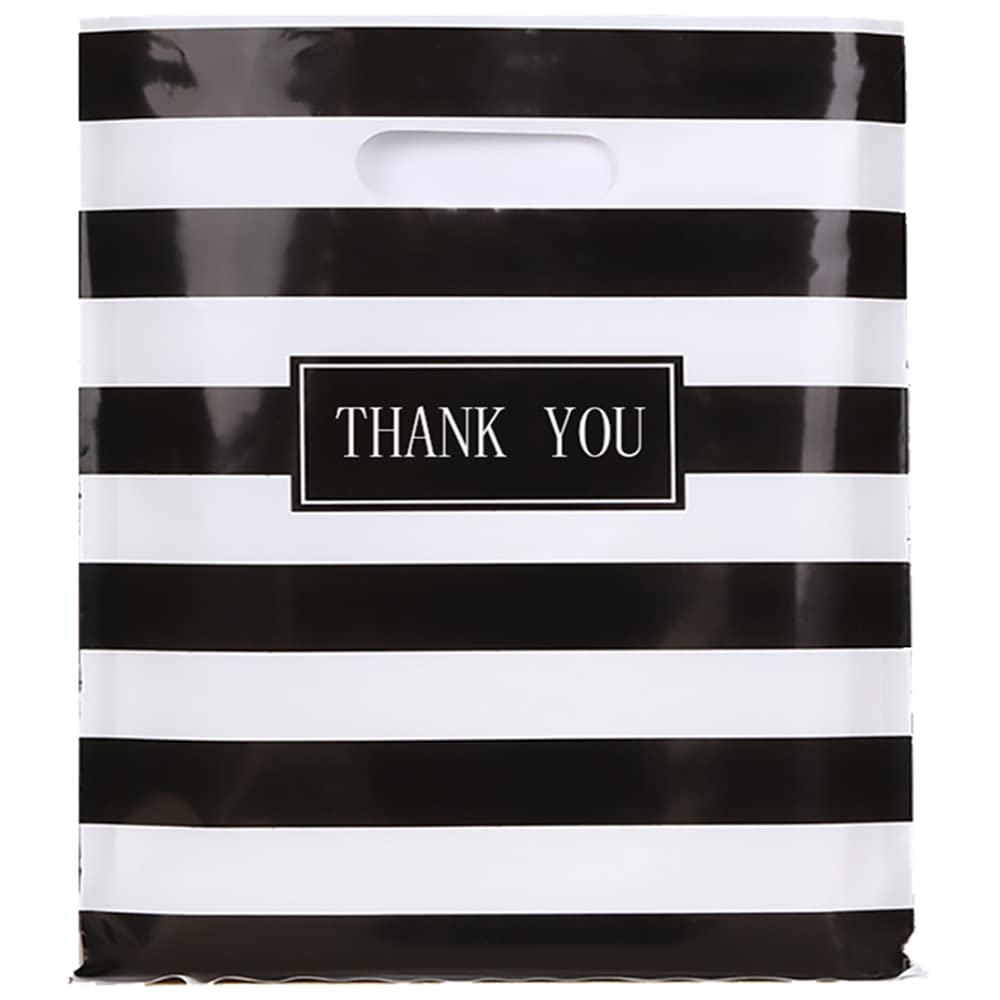 Daarcin 100pcs 16x18in Large Black and White Stripes Thank You Merchandise Bags,Die Cut Plastic Shopping Bags with Handle for Boutique,Party,Goodie,