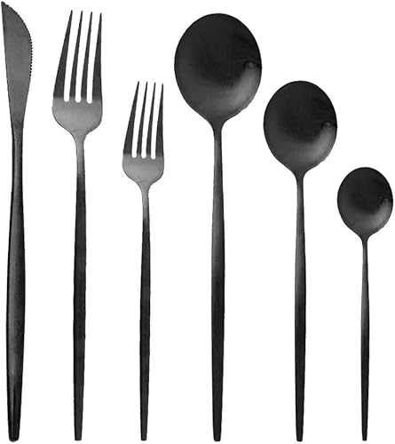 Uniturcky Juego de cubiertos de 36 piezas de acero inoxidable 304 con acabado de manchas de color negro puro, cuchillo de vajilla de postre,