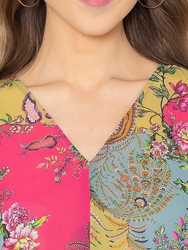 Image of SHAYE Pink Casual Sleeveless V-Neck Floral Printed Georgette Top for Women