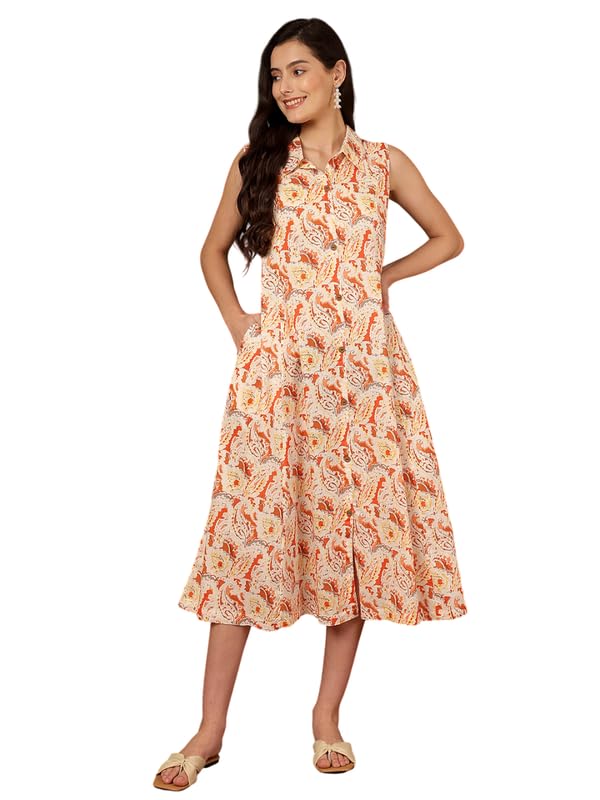 ANAISA Women Orange Pasley Printed Cotton Sleeveless, Collar Neck, Calf Length Midi Summer Dress