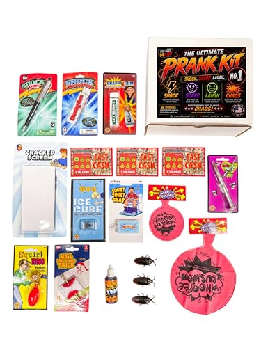 Product Image of the Ultimate Prank Toys Kit. This Box Of Tricks Have Funny, Scary & Shocking Pranks & Jokes For Your Friends Or Family Excellent For The Office, School, Home, The Ex & The Neighbor. Let The Games Begin.