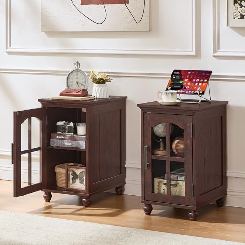 Narrow Side Table,Farmhouse Nightstand with Charging Station,Wood End Table with Glass Barn Door Storage, Cabinet Organizer with Adjustable Shelf, Night Stand for Small Spaces for Living Room Bedroom — view 2