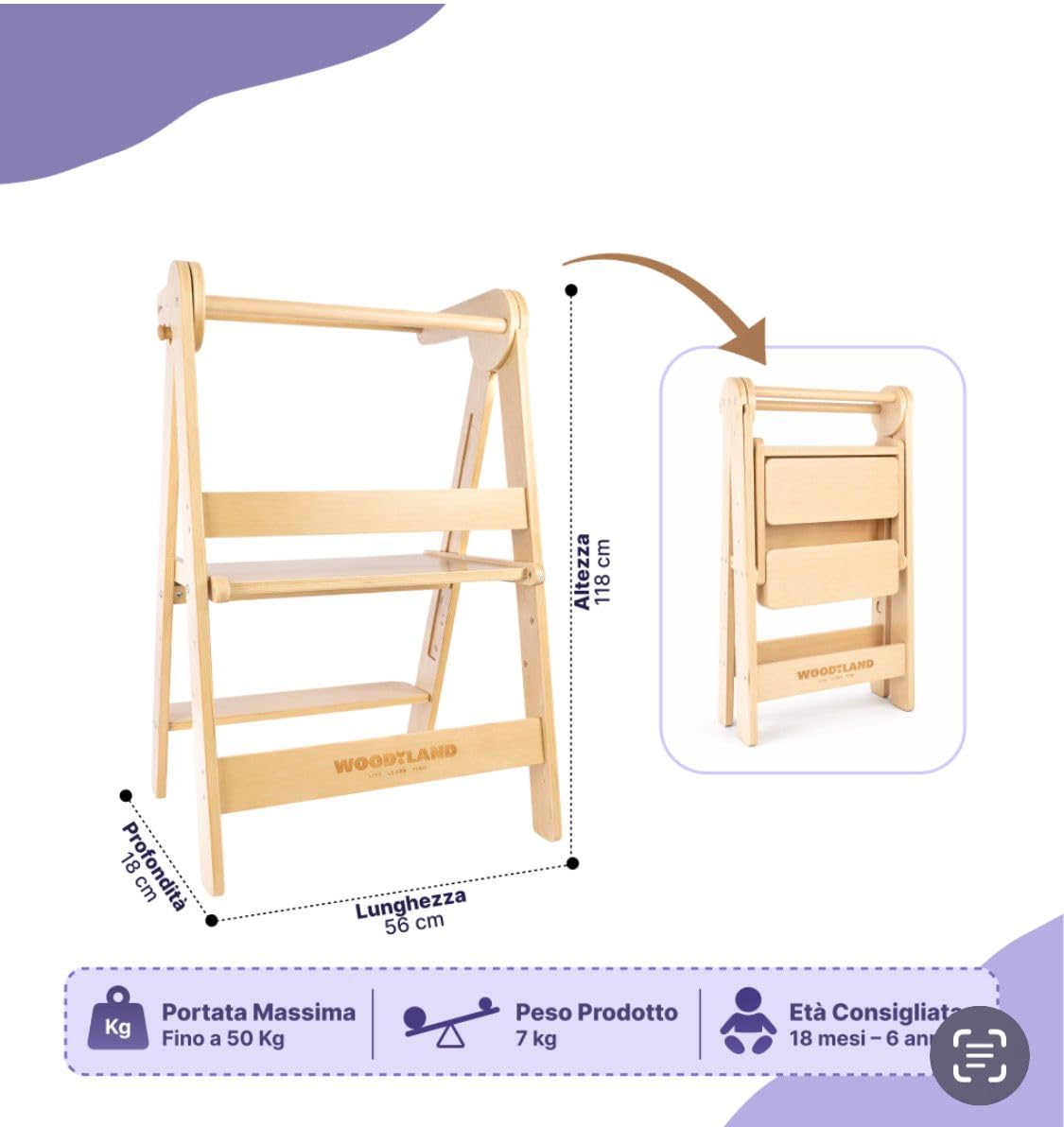 WOODYLAND Torre montessoriana Find, sgabello bambini regolabile e salvaspazio in legno naturale, ideale per cucina e bagno, 18 Mesi–6 Anni, 118 x 56 x 18 cm