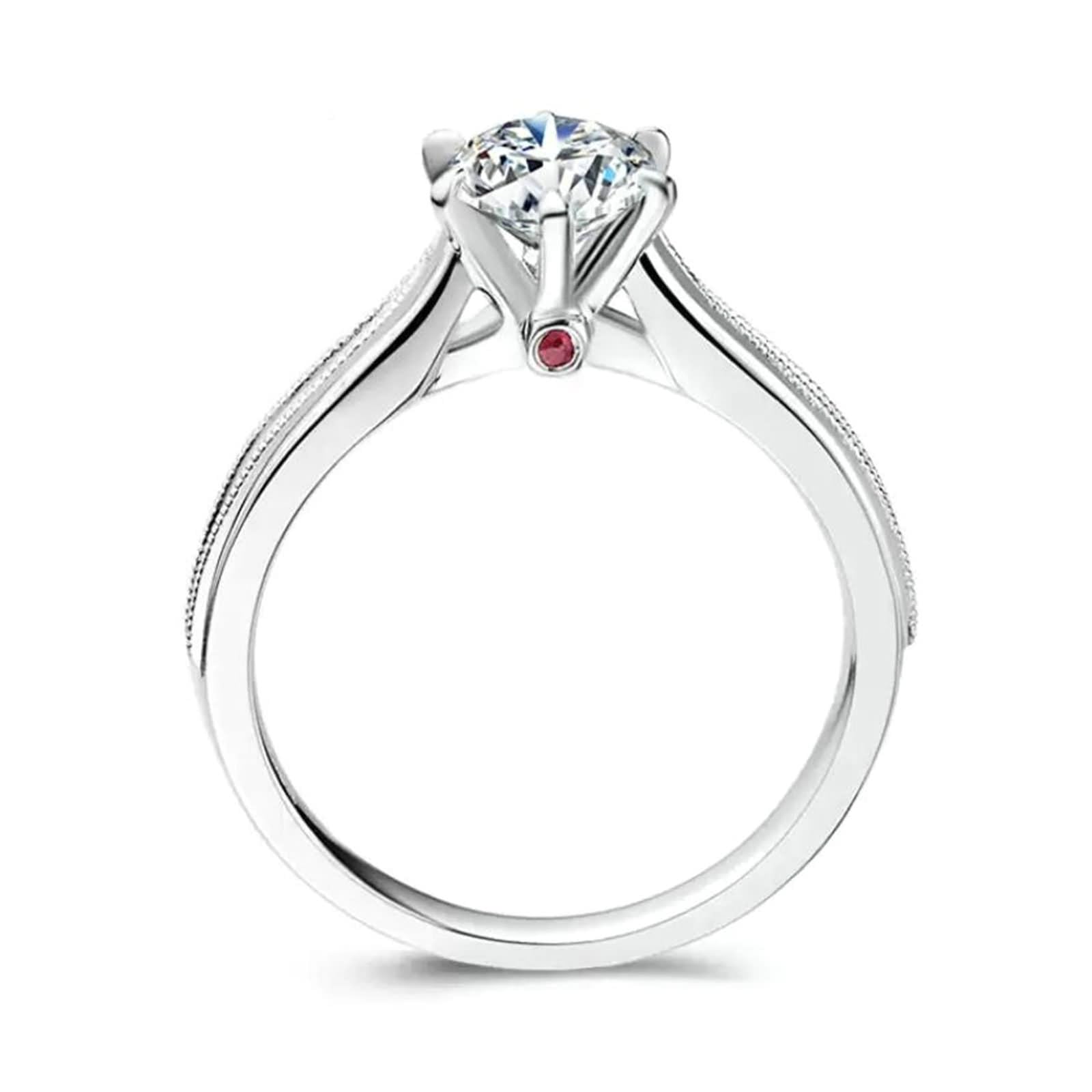 Eheringe Vintage, Ringe Frauen Set mit 0,7 Ct Rundem, im Labor Gezüchtetem Diamanten und Künstlichem Rubin Weißgold/Platin