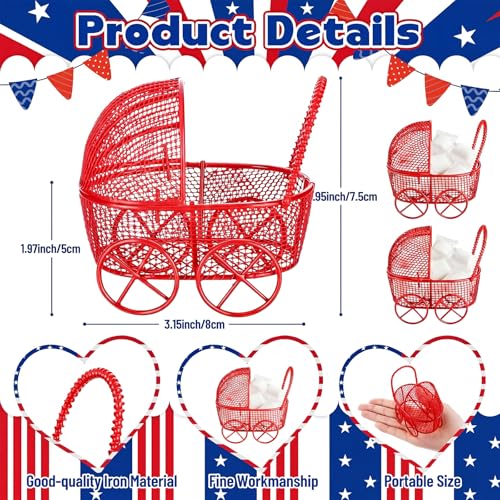 Image of Threehoney 12 Pcs Baby Shower Mini Carriage Decoration Red Strawberry Color Metal Wired Fillable Candy Stroller Baby Shower Table Centerpiece for Guest Gender Reveal Wedding Party Favor Gift