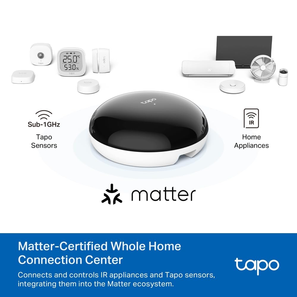 Tapo TP-Link Smart IR & IoT Hub, télécommande Infrarouge Tout-en-Un, certifié matière, compatibilité supérieure, contrôle de localisation, contrôle Hors Ligne, Commande vocale, sirène intégrée (Tapo